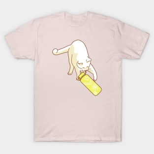 White cat knocking yellow water bottle T-Shirt